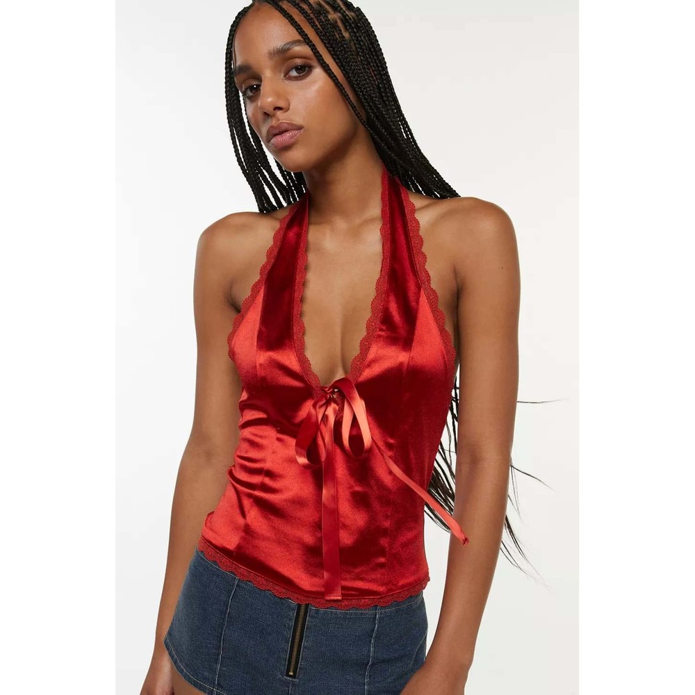 Kimchi Blue Farrah Plunge V-Neck Halter Top Womens Small Red Satin Lace Ribbon